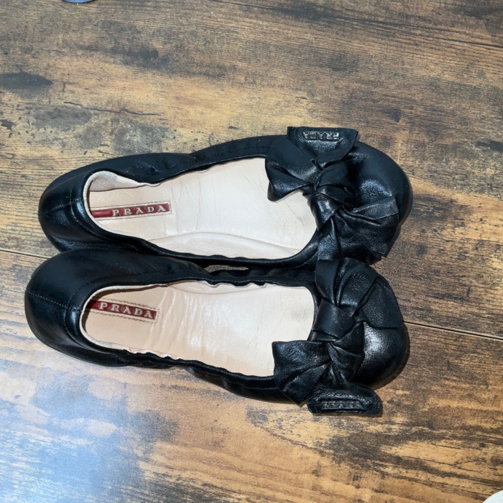 Prada Black Leather Bow Ballet Flats - Picture 3 of 12